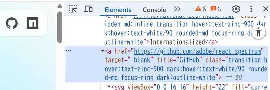 React Aria の公式サイトの SNS アイコンと、その部分のマークアップのスクリーンショット。title="GitHub" というように accessible name が指定されている。